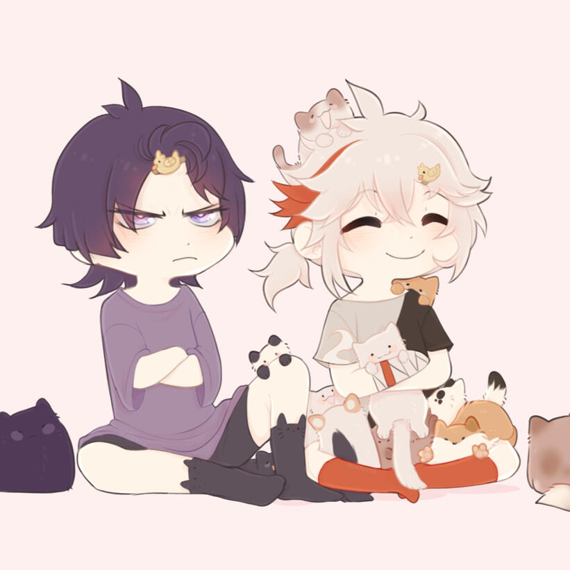 Cat vasion of Kazuha and Scaramouche. (Kazuscara ) Click for full version.